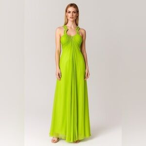Aidan Mattox Chiffon Silk Beaded Neckline Gown Lime Green Sz8